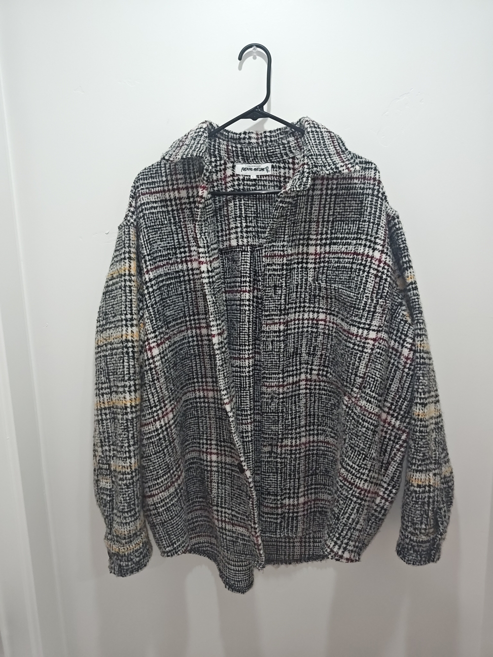 FA Black and White Plaid Pea Coat with Red and Tan Accents